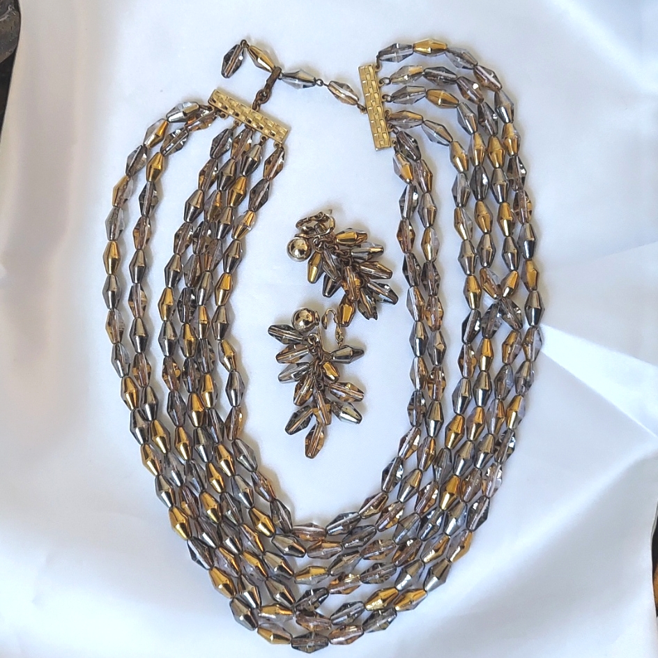 Bergere Designer Necklace Set, Lucite Beads, Gold And Silver W/ Clip Earrings